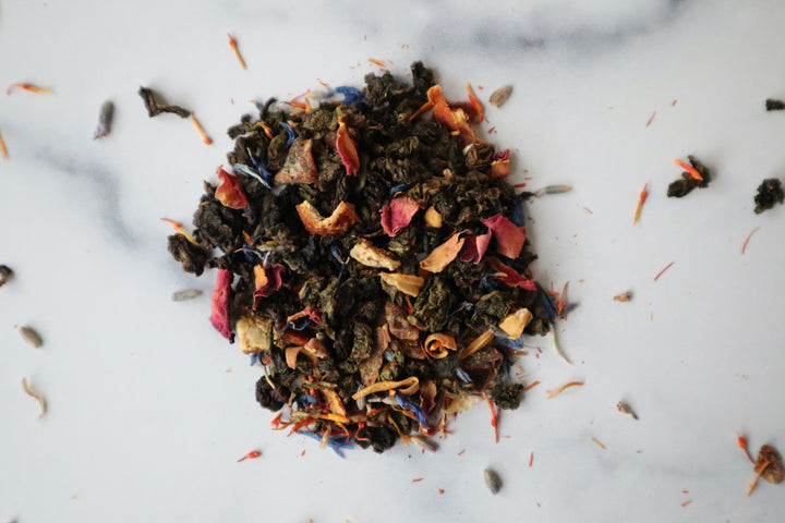 Morning Sex features Milky Oolong tea, orange peels, dates, roses, lavender, orange flowers,  blue cornflowers, safflowers, and flavors. Exclusively blended in Europe with premium ingredients from around the world. Founded and packaged in the USA. We deeply appreciate your purchase.
